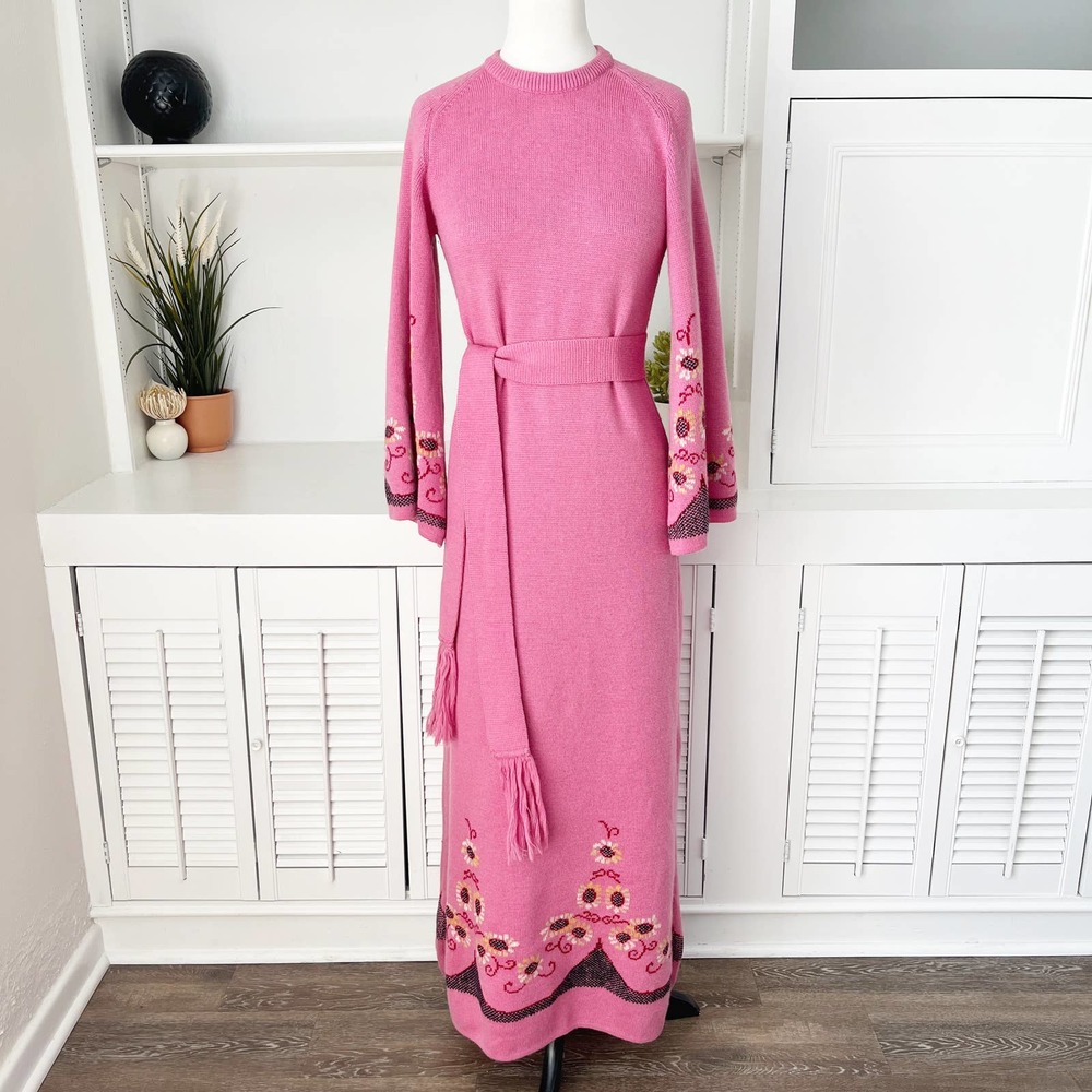 Vintage Pink Long Sleeve Dress with Embroidered Details